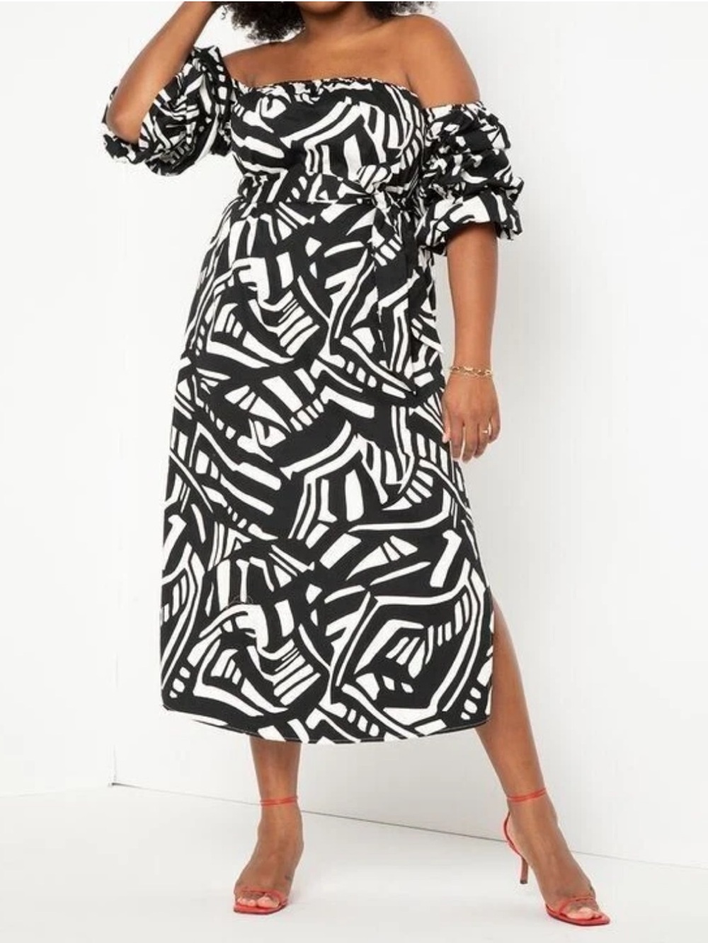 ELOQUII Melany Off The Shoulder Maxi Midi Black white Dress Sz 14 New